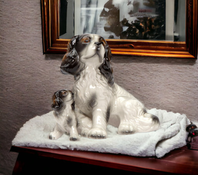 Ceramic Black and White Cocker Spaniel Dog with Puppy Figurine, Gift for Her, Gi