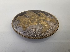 CRUMRINE WESTERN BELT BUCKLE WILD HORSES OVAL GOLD SILVER C08700 See DESCRIPTION
