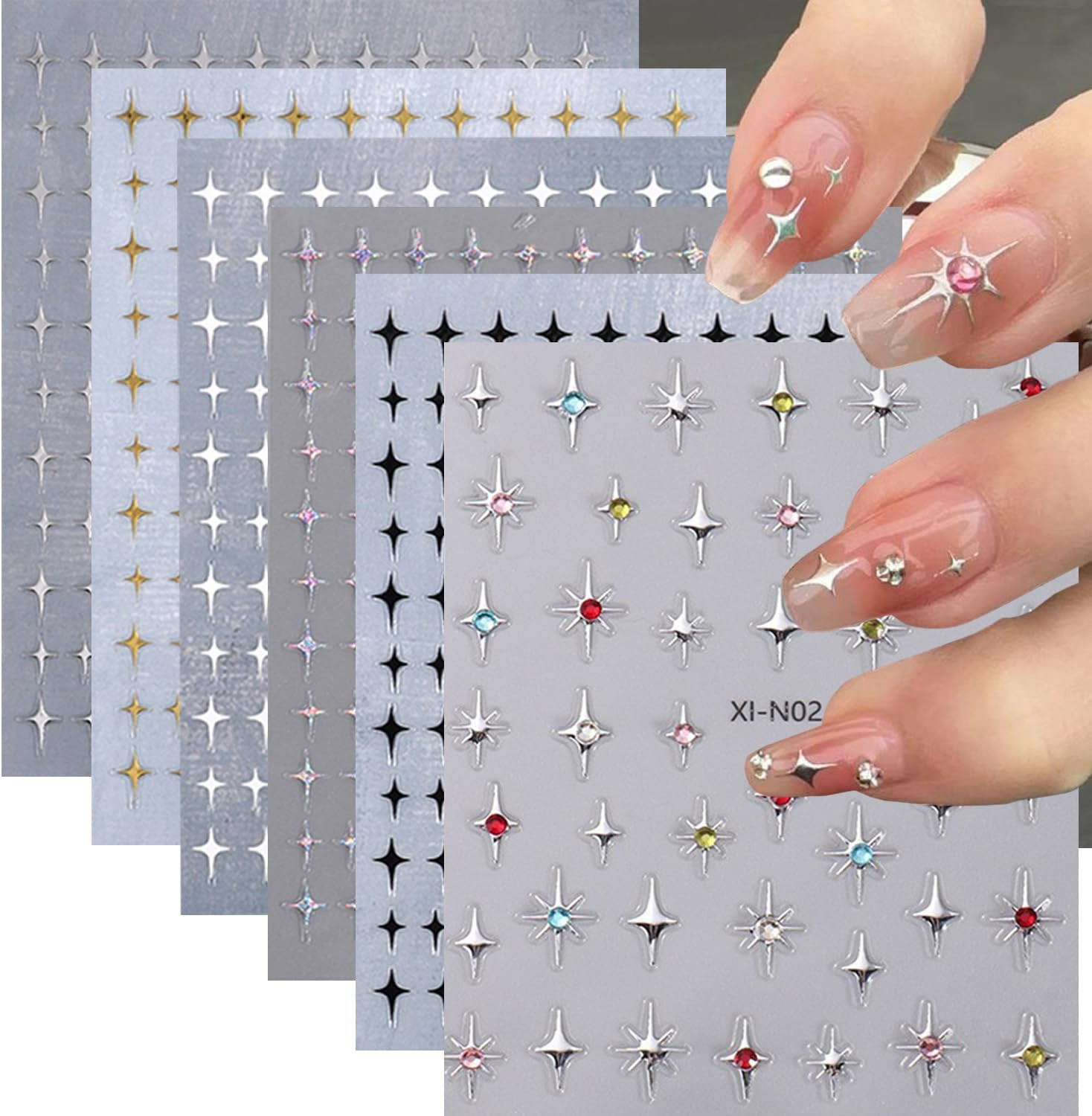 6 Sheets 3D Star Nail Stickers White Black Silver Gold Self Adhesive Nail Decals