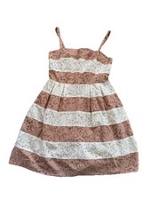 Loft Embroidered Eyelet Striped Sz 6 Knee Length A Line Flare Pink White Dress
