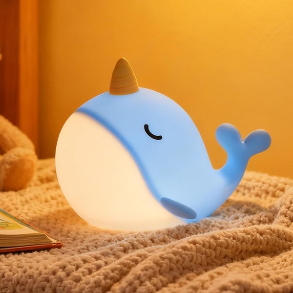 Nachtlicht Narwal Wal Silikon Blau Touch 7 Farben USB Akku Nachtlampe Kinder-image
