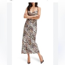 Anthropologie Good American Animal Print Midi Dress cowl neck satin