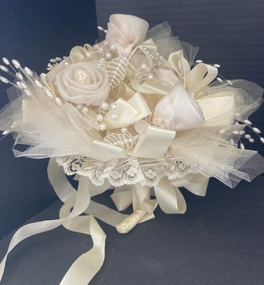Bridal Wedding Bouquet Round Bouquet Ivory Faux Pearl Floral Ribbon
