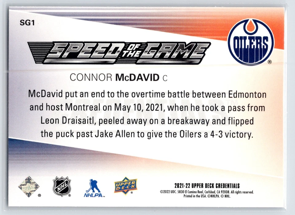 2021-22 Upper Deck Credentials Connor Mcdavid Speed Of The Game # SG1 (21-22) - Image 2 of 2