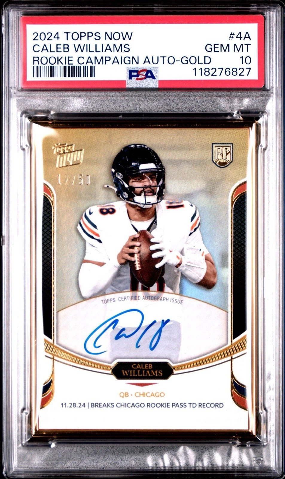 Caleb Williams Topps Now Rookie Campaign Autographs #4A Gold