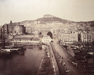 Italien, Neapel, Blick vom Molo Grande, Der Hafen, Castel Sant'Elmo, Vomero, 1850