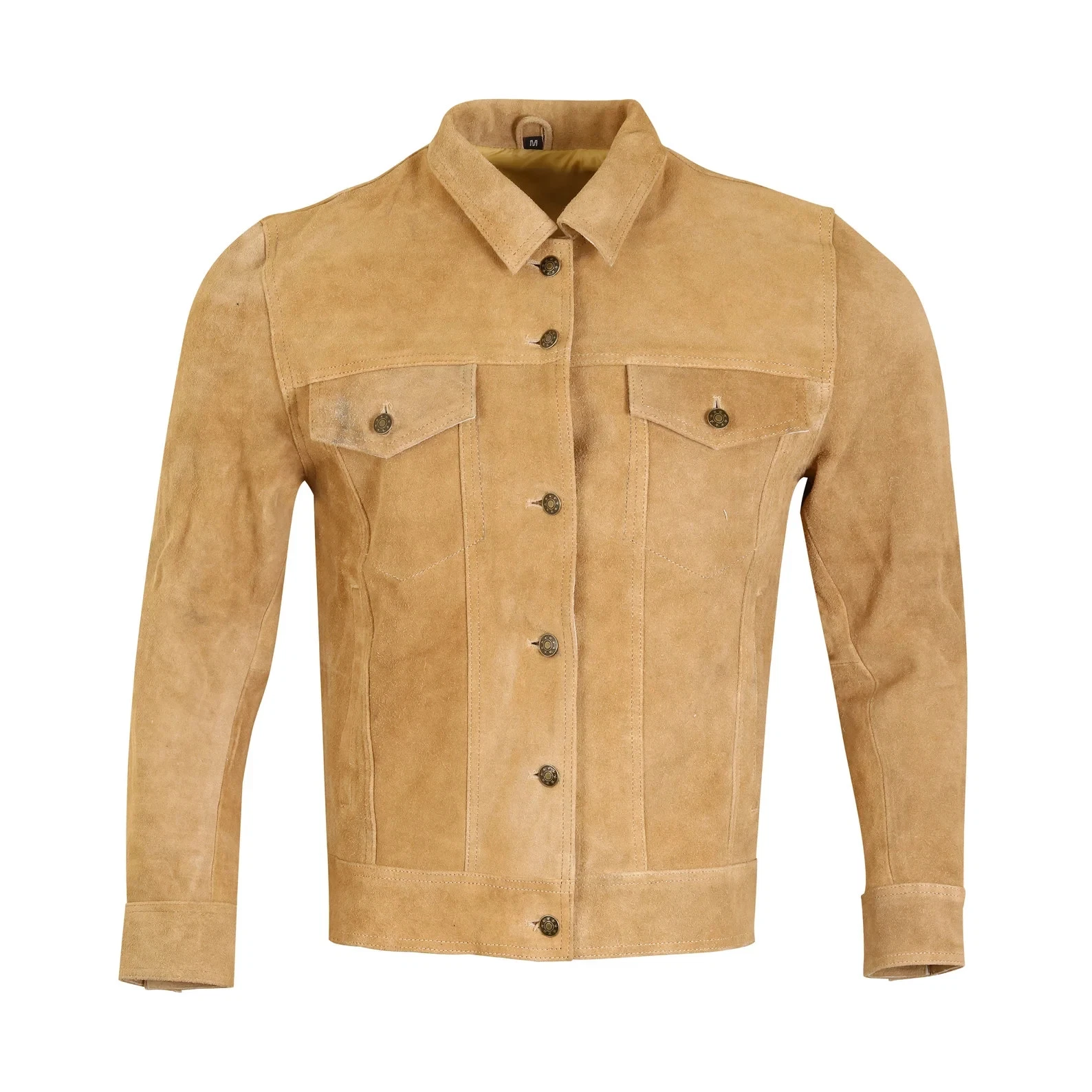 Men's Real Suede Leather Beige Trucker Jacket Denim Style Classic Biker Jacket