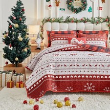 Uozzi Bedding Christmas Quilt Set Queen - Red Deer Snowflake Cubes