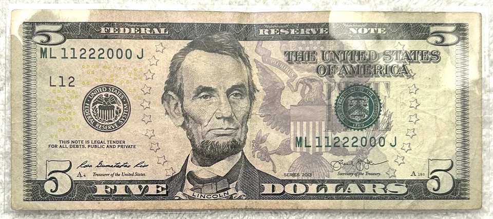 11222000 - Fancy Low Repeater Serial - 2013 $5 Bill Federal Reserve Note - Image 2 of 3