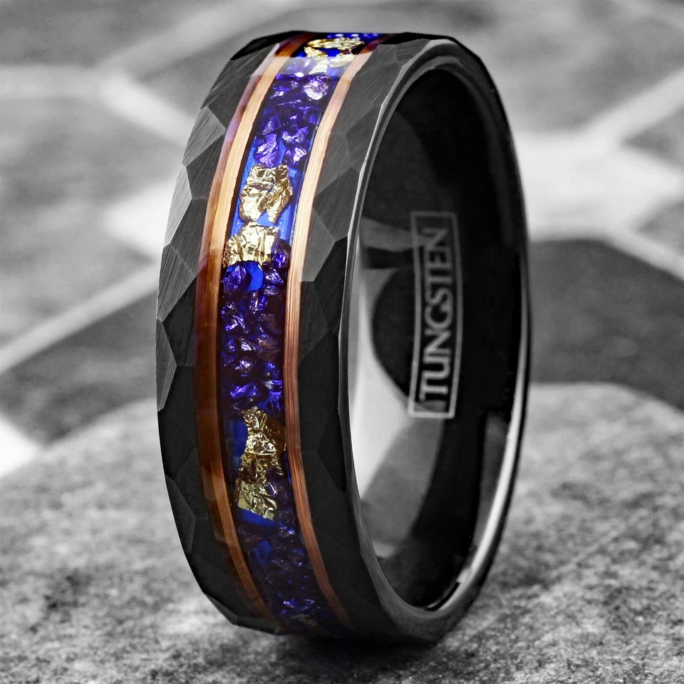 Anillo de boda de carburo de tungsteno negro ópalo azul con hoja de lámina de oro de 24K Foto 3 de 4