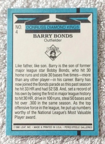 1991 Donruss BARRY BONDS Diamond Kings Error No Period After Inc MLB #4 Pirates - Photo 2 sur 3