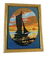 NEW VTG 1980  s HANDMADE NEEDLEPOINT FRAMED 10  x13  ARTWORK.SAILBOAT,SUNSET,OCEAN