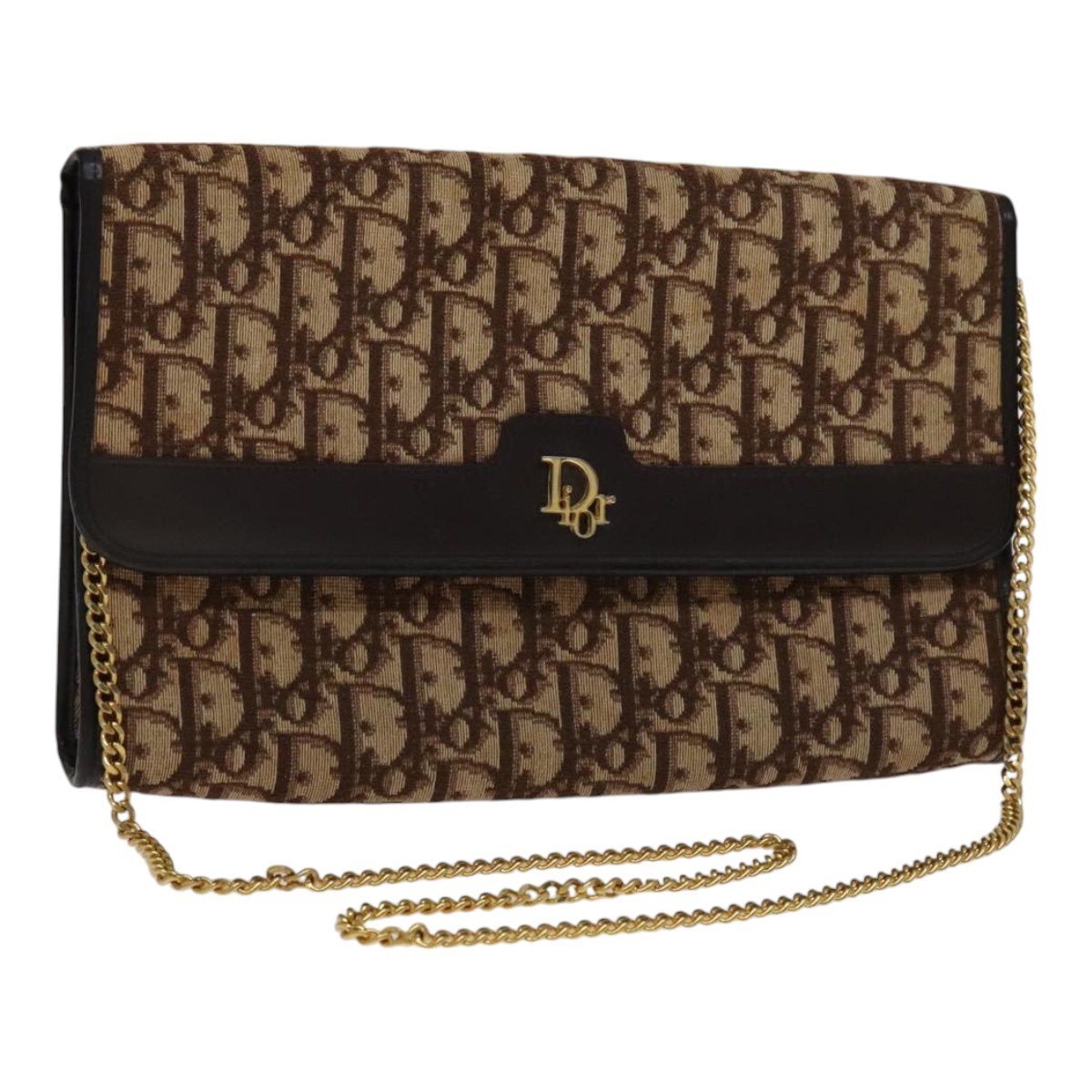 Christian Dior Trotter Canvas Chain Shoulder Bag in Gold Brown Auth 111550
