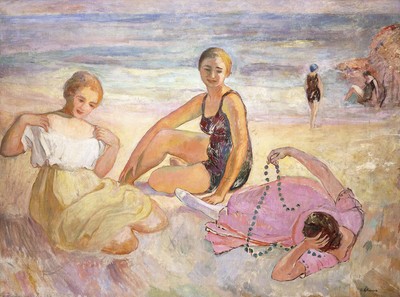 Henri Lebasque ''Three Women on the Beach; Trois Femmes a la Plage'' Brown Artwork