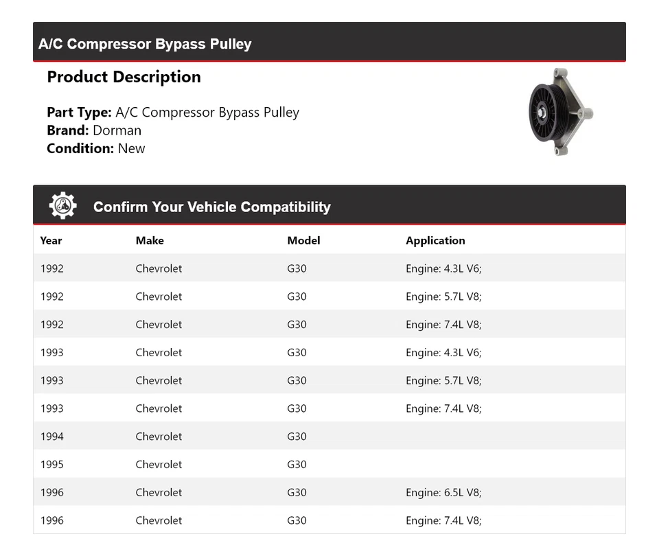 For 1992-1996 Chevrolet G30 Dorman A/C Compressor Bypass Pulley 1993 1994 1995 - Image 2 of 4