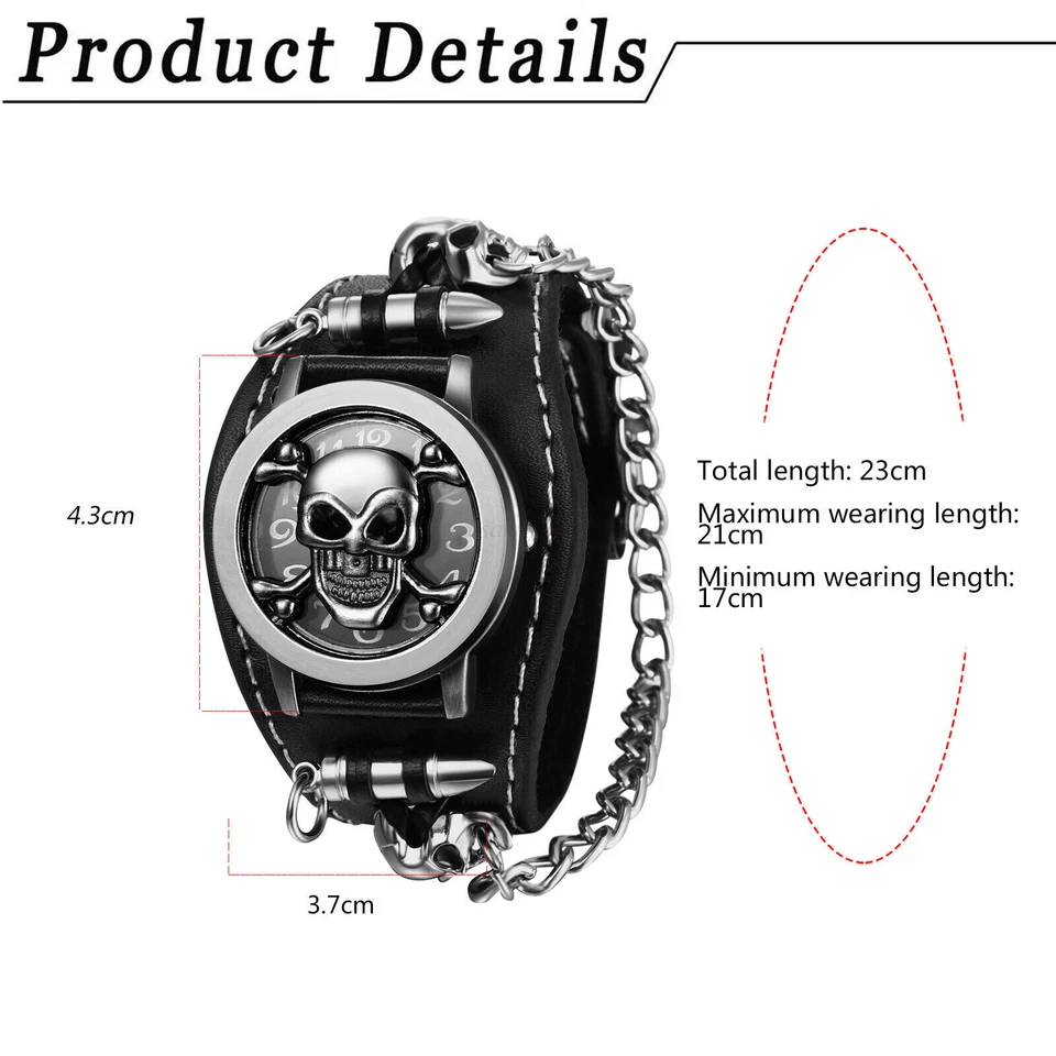 Men's Punk Biker Skull Bullet Chain Wide Leather Band Cuff Quartz Wrist Watch AU - image 2 of 4