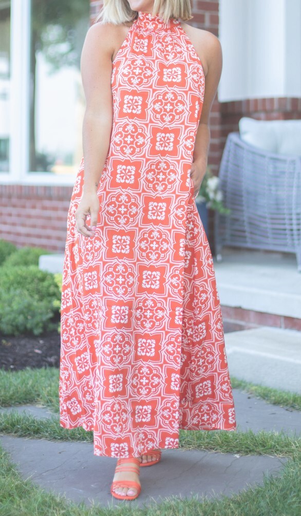 NWT Ann Taylor Tiled Flowy Tie Neck Halter Maxi Dress Jupiter Orange XS $149
