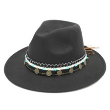 New Unisex Wool Panama Hat Wide Brim Party Fedora Cap Tassel Band Coins Charms