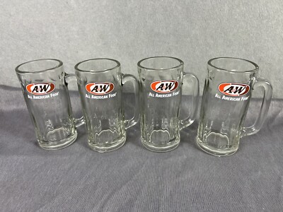 Vintage A&W Root Beer Glass Mugs 'All American Food' 7'' Set Of 4 (1 Has Flaw)