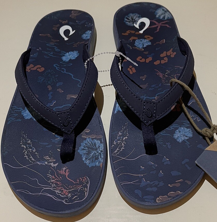 Olukai Ohana Womens Size Navy Blue Floral Flip Flop Thong