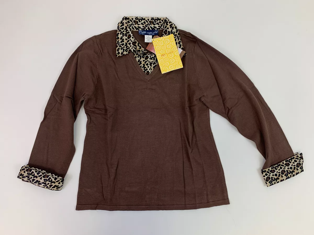 Susan Graver One Piece Layered Look Sweater Leopard Print Collar Lining Size M
