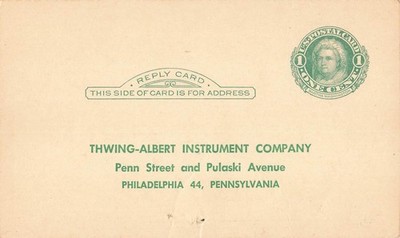 Thwing-Albert Instrument Co. Philadelphia Reply Postal Card c.1940s-50s