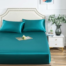 1 PCS Teal Full Satin Fitted Sheet Ultra Soft Deep Pocket Silk Bottom Bed