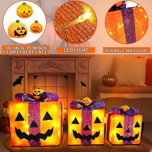 3-Pack Lighted Halloween Pumpkin Decorations w/ 60 LED Lights Battery Operated - Picture 4 of 6