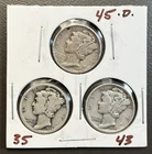 Mercury Dime’s 10C / 90% Silver Coins / (3) Total / Years Vary