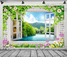 7x5ft Fabric Window View Mountains Backdrop Flowers Window Nature Waterfall S...