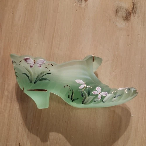Fenton Art Glass Willow Green Hand Painted Butterflies Shoe 95th Anniversary