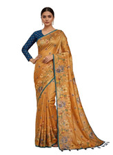 Elegant Golden Floral Saree Soft Silk Blend Party Wear Designer Sari With Blouse
