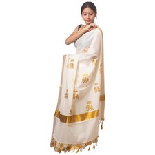 Women's Kerala Kasavu Embroidry Cotton Saree With Running Blouse Piece
