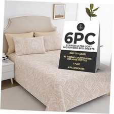 6-Piece Size Bed Sheet Set - Deep Pocket, Paisley Pattern, Queen Taupe Paisley