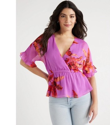 Sofia Jeans Women's Faux Wrap Peplum Top with Short Sleeves, Size L Malay Leave 