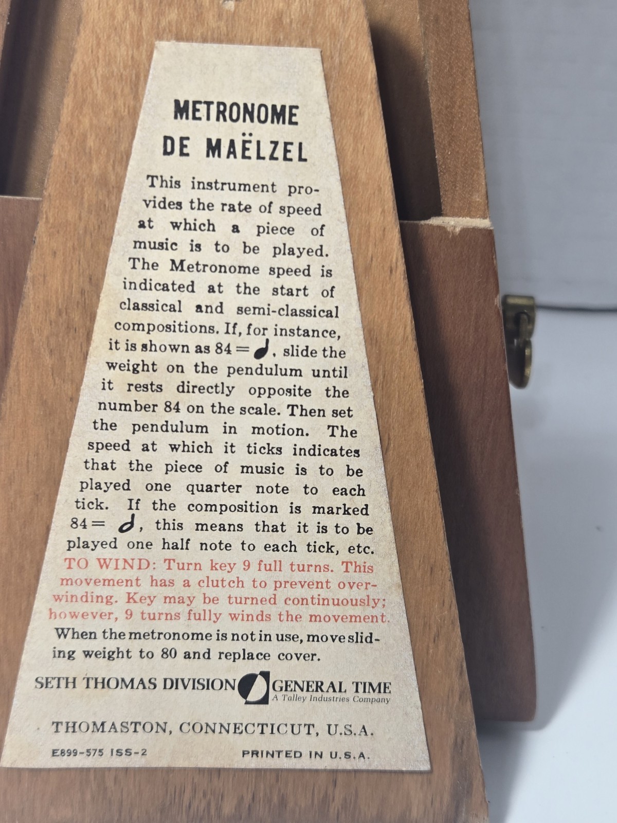 Vintage 1981 Seth Thomas Metronome De Maelzel Music Timer