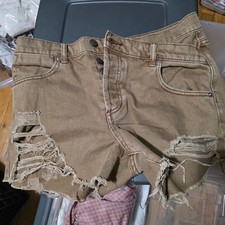 We The Free Free People Distressed Denim Shorts Tan Brown Button Fly Size 29