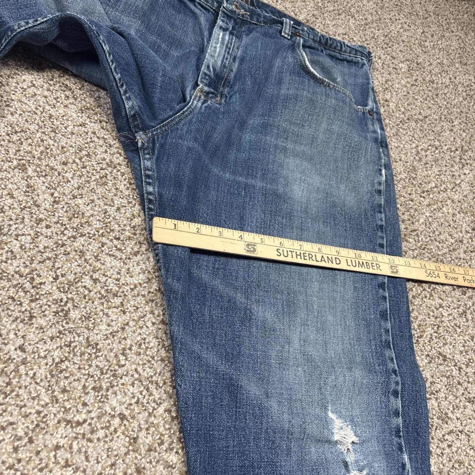 Wrangler Jeans Mens 38x29 Blue Cotton Loose Fit Denim Workwear Distressed - View 10