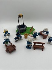 Vintage Schleich Peyo Lot of 7 Smurfs Figures With Wishing Well has Bucket 