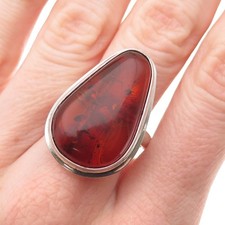 925 Sterling Silver Vintage Real Amber Modernist Ring Size 8.75