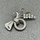 Vintage Brooch Silver Tone Rhinestone Flower Bouquet Pin Costume Jewelry 2"