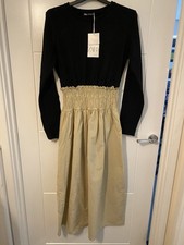 Zara BNWT Black & Beige Waisted Midi Dress Size 12