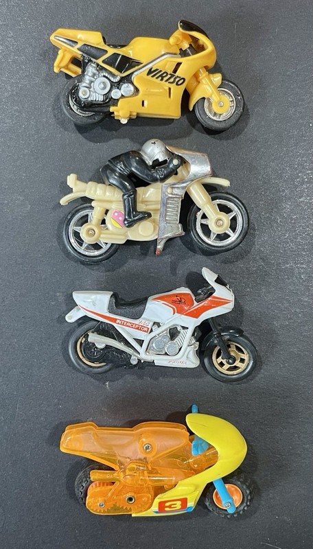 4 Vintage 1980’s -90’s Toy Motorcycle Lot, New-Ray, Macau, Friction Motor, More