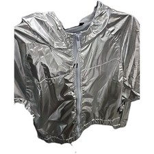 K-POP Jolie  Joy Metallic Silver Hooded Jacket Zip Up Crop Length Size L NWT