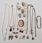 vintage 925 sterling silver jewelry lot rings amber cameo earrings necklaces