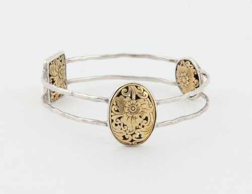 Sterling Silver Bangle Bracelet Floral Filigree Brass Accents Silpada 8 1/2" - 第 1/5 張圖片
