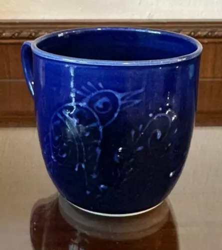 Rinny Staber Bird Peacock Cobalt Blue MCM Pottery Cup Rare Vintage