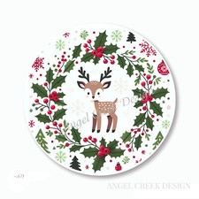 Christmas Holly Wreath Deer Scrapbook Stickers Favors Envelope Seals Labels