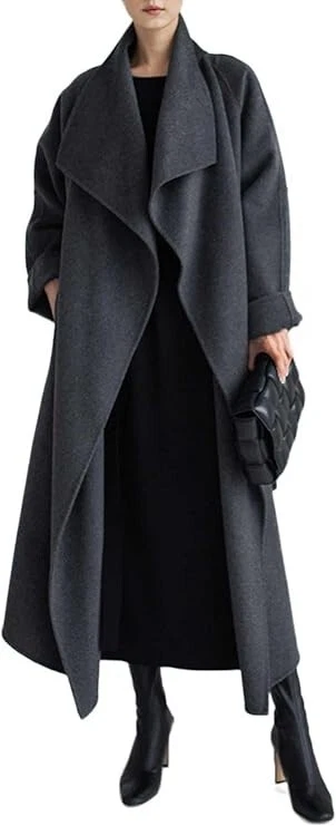Size Small: Women's Long Open Oversized Baggy Maxi Trench Coat Gray Woolen Wrap