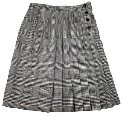 EH Woods Skirt 14 L Black Pleated Houndstooth Plaid Wool Academia Preppy Money